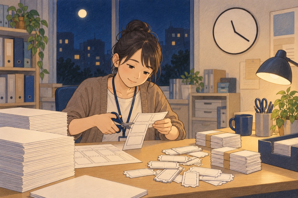 夜のオフィスで紙の整理券を手作業で作る担当者