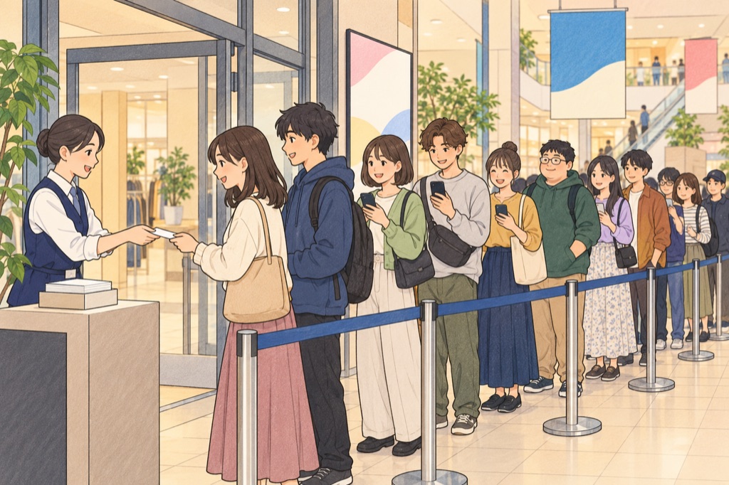 店頭で整理券を受け取るために並ぶ人たち