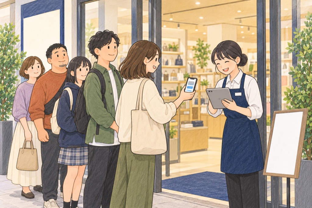 入口でスタッフがタブレットで画面を確認