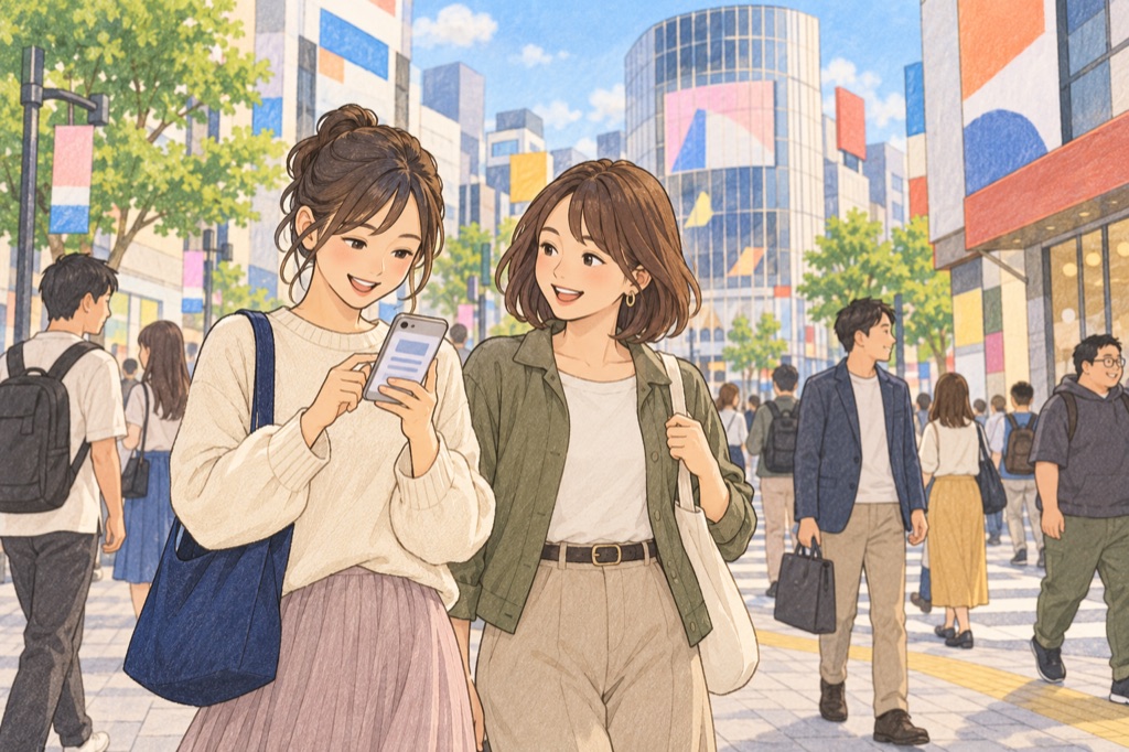 街でスマホの通知を見て喜ぶ